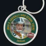 Green Gold Football Player Photo Commemorative Key Ring<br><div class="desc">This cool customized green high school football player photo keychain features gold typography of your team and player name. Personalize with your athlete name next to the ball.</div>