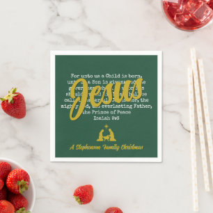 Green Gold FOR UNTO US JESUS Christmas Napkin