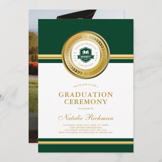 Green & Gold Formal Graduation Ceremony Photo Invitation (Front/Back)