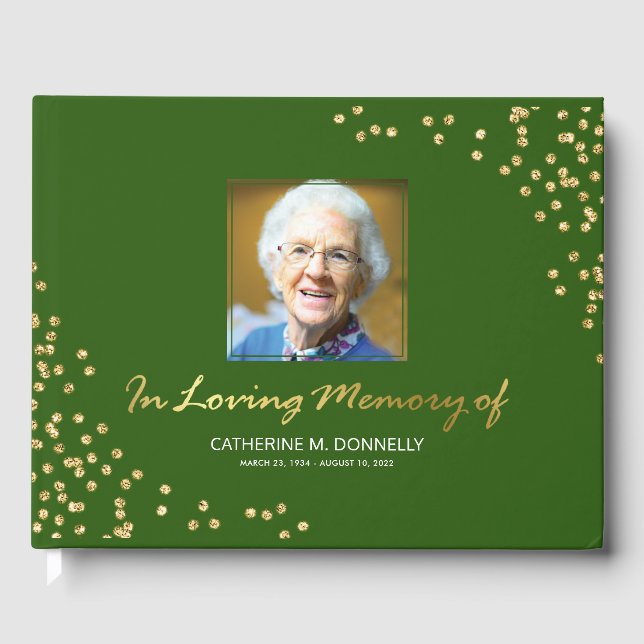 Green Gold Funeral Condolence | Photo Memorial Guest Book (Front)