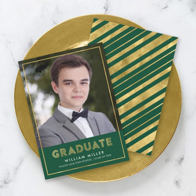 Green Gold Geometric Photo Graduation Announcement (Creator Uploaded)