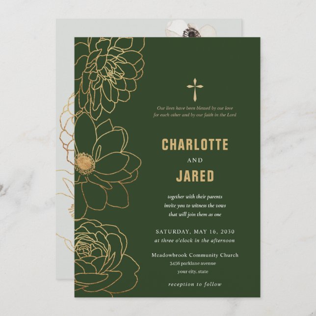 Green Gold Gilded Cross Wedding Invitation (Front/Back)