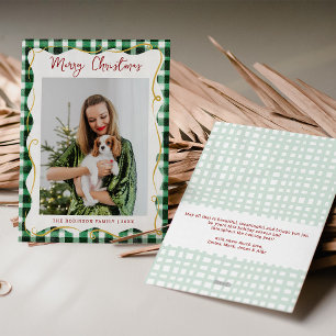 Green Gold Gingham Pattern Merry Christmas 1 Photo Holiday Card