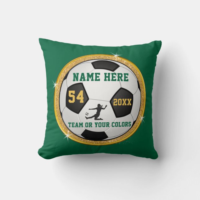 Green, Gold Girls Soccer Senior Night Gift Ideas Cushion (Front)
