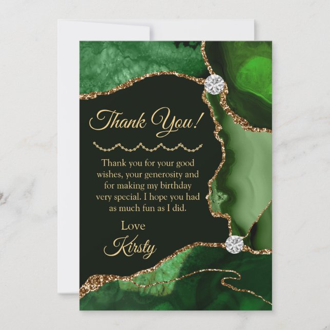 Green Gold Glitter Agate Birthday Thank You Card (Front)