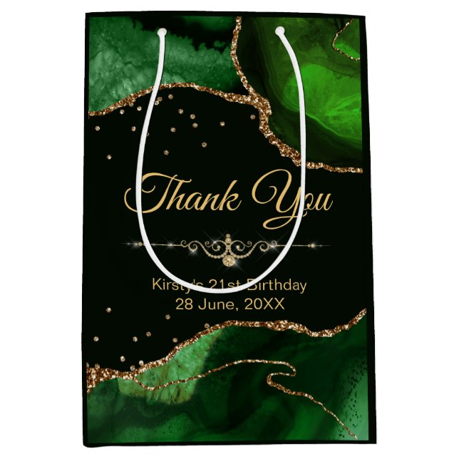 Green & Gold Glitter Agate Birthday Thank You Medium Gift Bag (Front)