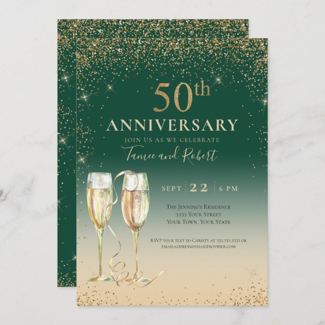 Green Gold Glitter Champagne 50th Anniversary Invitation (Front/Back)