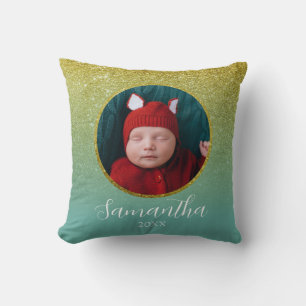 Green Gold Glitter Christmas Personalised Photo Cushion