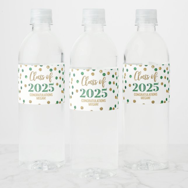 Green Gold Glitter Class of 2025 Graduation Water Bottle Label (Bottles)