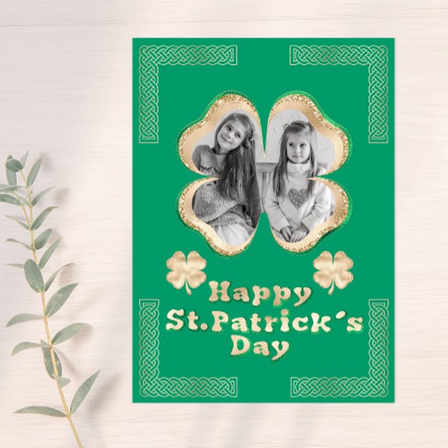 Green & Gold Glitter Clover Photo Celtic Knots Holiday Card (Creator Uploaded)