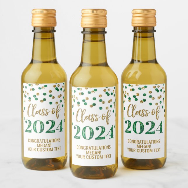 Green Gold Glitter Confetti Graduation Wine Label (Bottles)