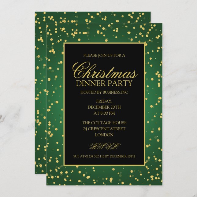 Green Gold Glitter Dots Christmas Dinner Party Invitation (Front/Back)