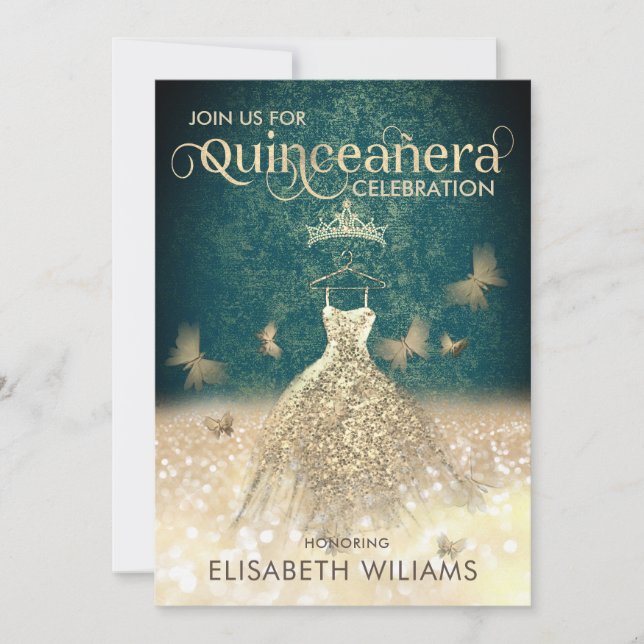 Green Gold glitter dress butterfly  Quinceañera In Invitation (Front)