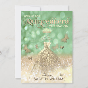 Green Gold glitter dress butterfly Quinceañera Invitation