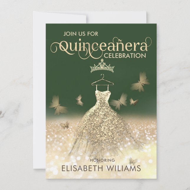 Green Gold glitter dress butterfly  Quinceañera Invitation (Front)