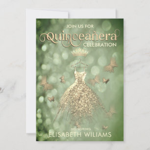 Green Gold glitter dress butterfly Quinceañera Invitation