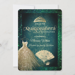 Green Gold glitter dress tiara fan Quinceañera  In Invitation