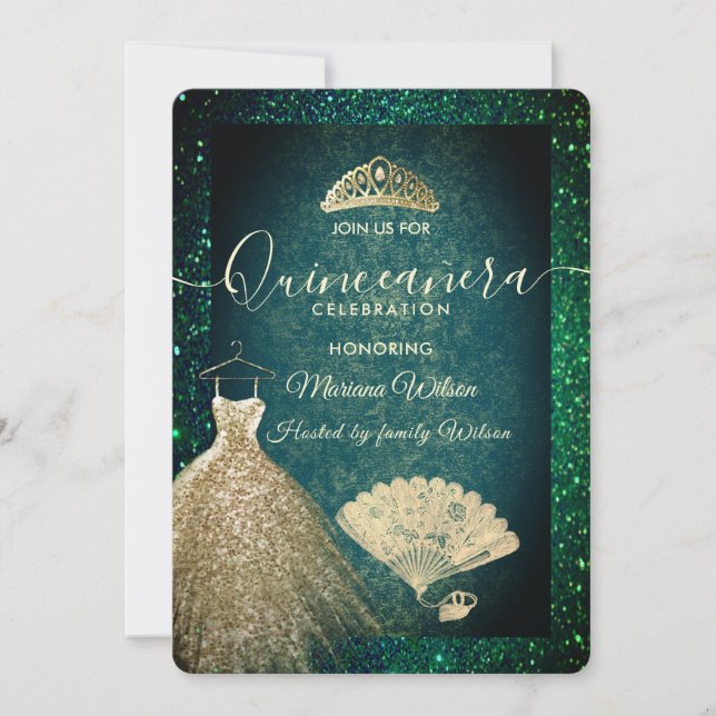 Green Gold glitter dress tiara fan Quinceañera  Invitation (Front)
