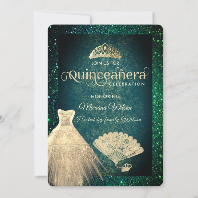 Green Gold glitter dress tiara fan Quinceañera Invitation (Front)