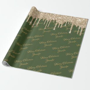 Green Gold Glitter Dripping Christmas Name Script Wrapping Paper