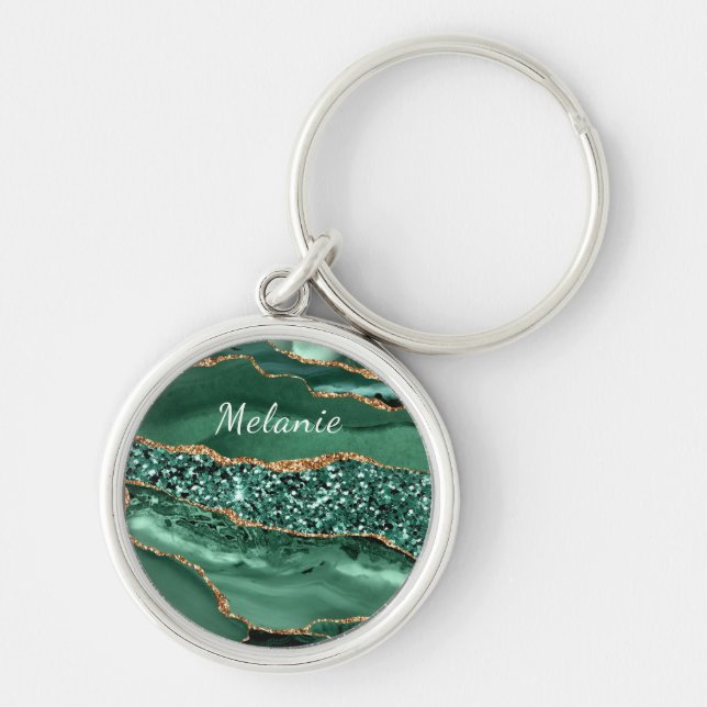 Green Gold Glitter Emerald Custom Name Keychain (Front)