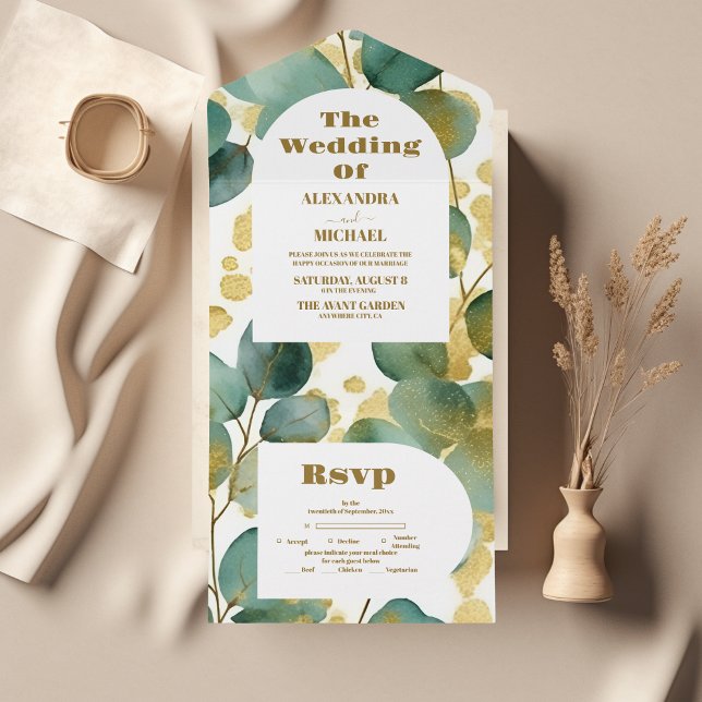 Green Gold Glitter Eucalyptus Wedding All In One Invitation (Creator Uploaded)