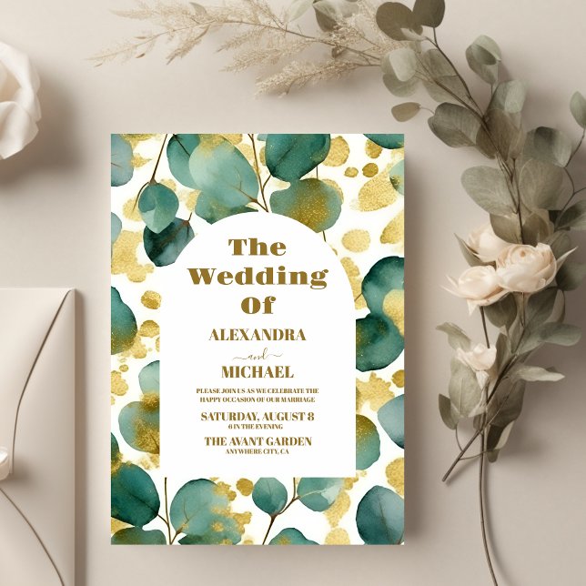 Green Gold Glitter Eucalyptus Wedding Invitation (Creator Uploaded)