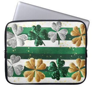 GREEN & GOLD GLITTER LOOK IRISH SHAMROCKS & STRIPE LAPTOP SLEEVE