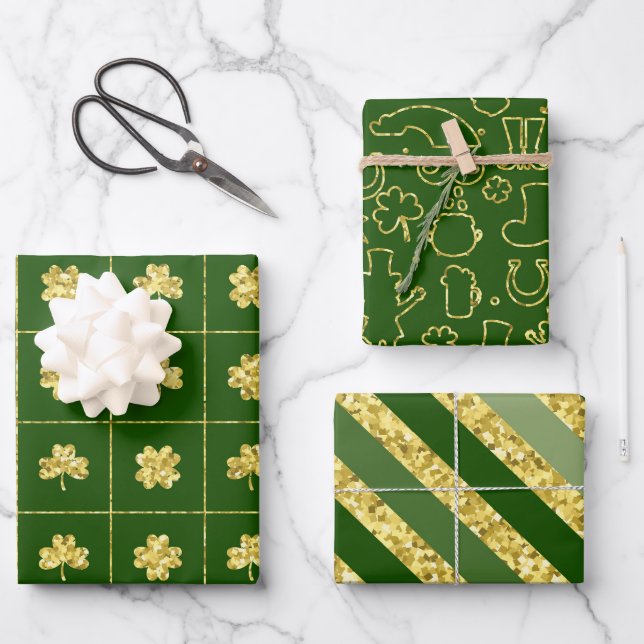 GREEN & GOLD GLITTER LOOK IRISH SHAMROCKS  WRAPPING PAPER SHEET (Front)