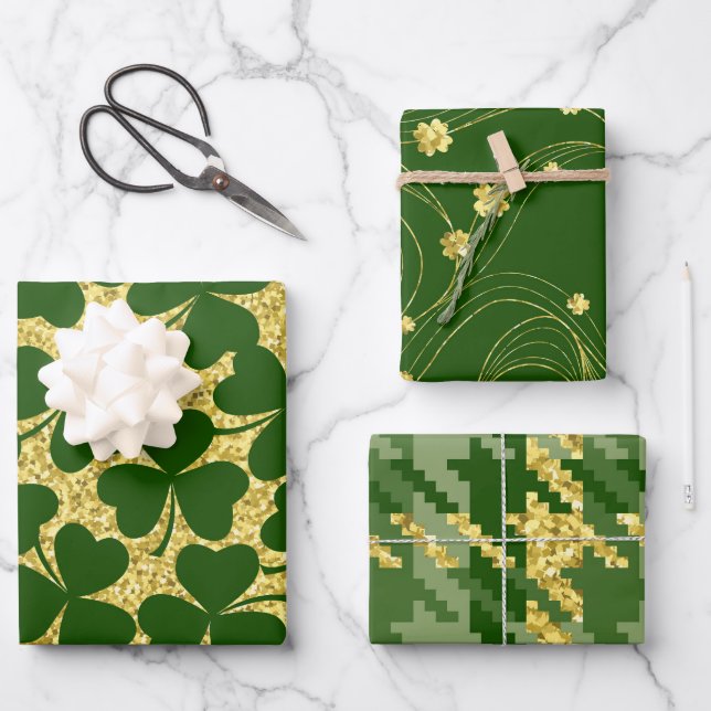 GREEN & GOLD GLITTER LOOK IRISH SHAMROCKS  WRAPPING PAPER SHEET (Front)