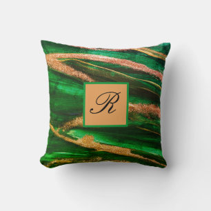 Green Gold glitter Marble Abstract Modern Monogram Cushion
