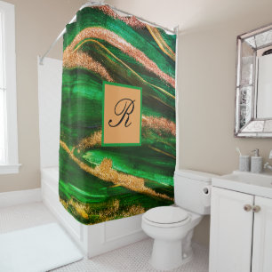 Green Gold glitter Marble Abstract Modern Monogram Shower Curtain
