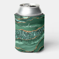 Green Gold Glitter Marble Can Cooler Custom Name