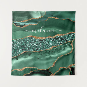 Green Gold Glitter Marble Custom Name Tapestry