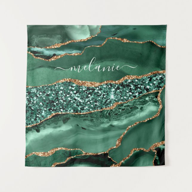 Green Gold Glitter Marble Custom Name Tapestry (Front)
