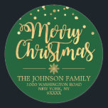 Green Gold Glitter Merry Christmas Address Classic Round Sticker<br><div class="desc">Lovely personalised calligraphy script Merry Christmas Holiday return address stickers to add to your envelopes,  greeting cards and/or gifts.  GREEN background (can be changed to any colour) colour with faux gold glitter confetti and snowflake.  Perfect for any holiday occasion. Editable template labels.</div>