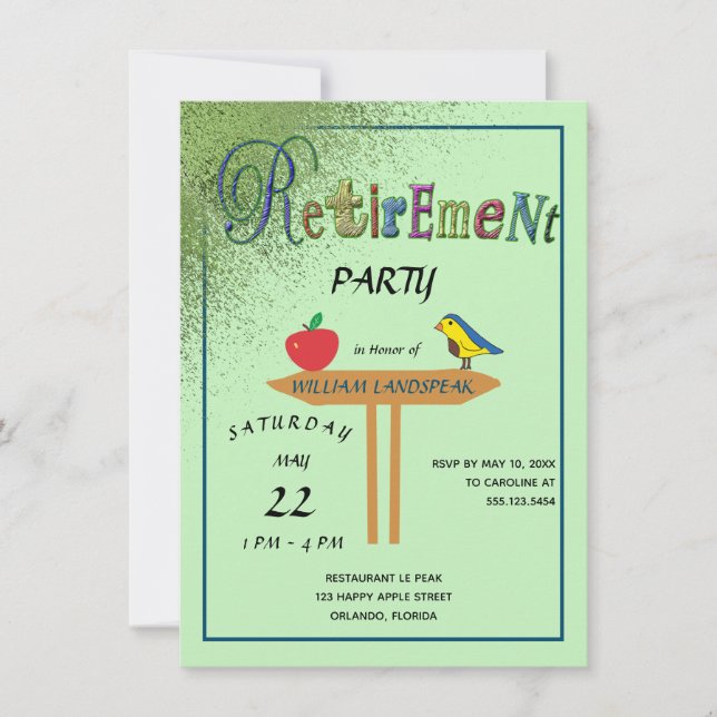 Green Gold Glitter & Red Apple Happy Retirement Invitation (Front)
