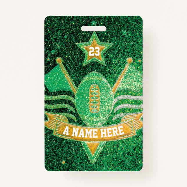 Green & Gold Glitter School Football Team Sports ID Badge (Front)