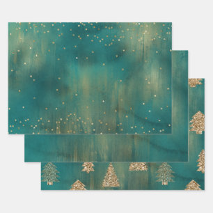 Green Gold Glitter Sparkle Christmas Tree   Wrapping Paper Sheet
