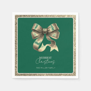 Green Gold Glittered Bow Christmas Paper Napkin