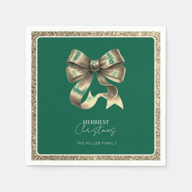 Green Gold Glittered Bow Christmas Paper Napkin (Front)