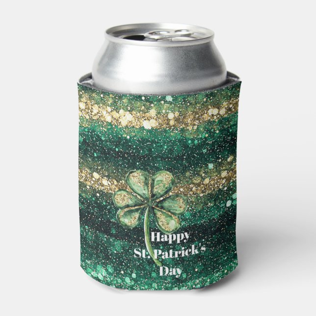 Green Gold Glitz Shamrock St. Patrick's Day Can Cooler (Can Front)