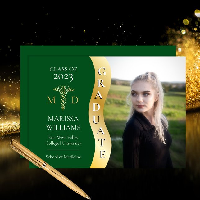 Green Gold Graduate Wave Caduceus MD Medical Grad Announcement (Creator Uploaded)
