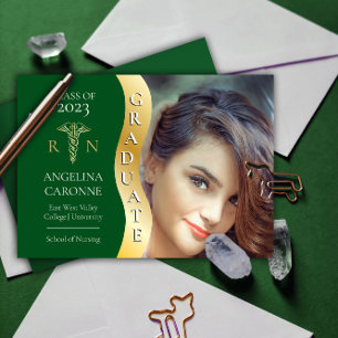 Green  Gold Graduate Wave Caduceus RN Nursing Grad Announcement