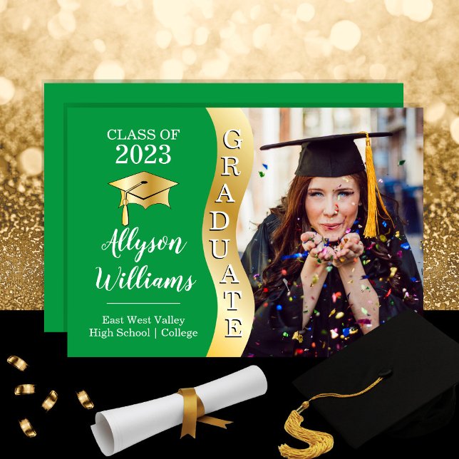 Green | Gold Graduate Wave Grad Cap Photo Announcement (Creator Uploaded)