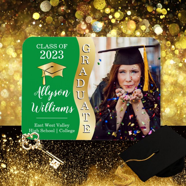 Green | Gold Graduate Wave Grad Cap Photo Magnet (Creator Uploaded)