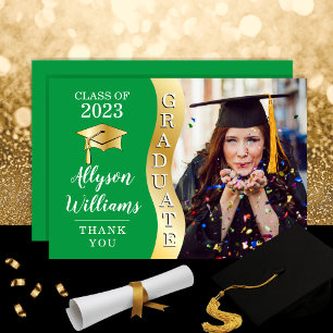 Green   Gold Graduate Wave Grad Cap Photo Thank You Card