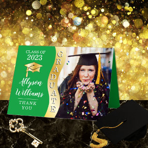 Green   Gold Graduate Wave Grad Cap Photo Thank You Card
