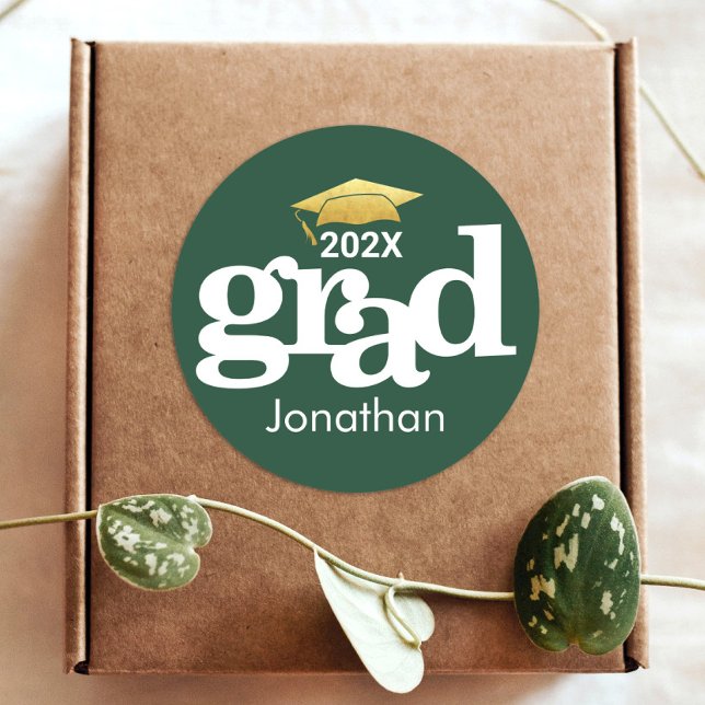 Green Gold Graduation Bold Typography Modern Classic Round Sticker (Creator Uploaded)