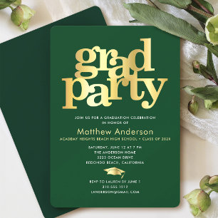 Green Gold Graduation Cap Bold Typography Minimal Invitation